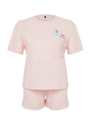 Pijamale din bumbac tricotate cu imagine Trendyol roz
