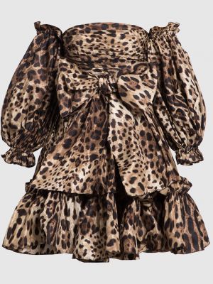 Леопардовое шелковое коктейльное платье с принтом Dolce&gabbana коричневое