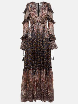 Rochie lunga de mătase cu model paisley plisată Etro