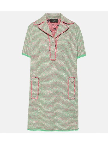 Твидовое хлопковое шерстяное платье мини Etro зеленое