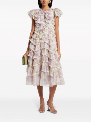 Krajkové večerní šaty s volány Needle & Thread růžové