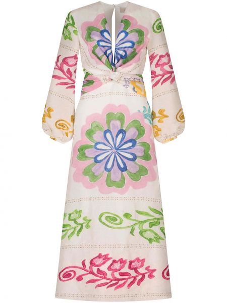 Lanena obleka s cvetličnim vzorcem Silvia Tcherassi bela