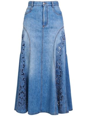Lniana haftowana spódnica midi bawełniana Chloe niebieska