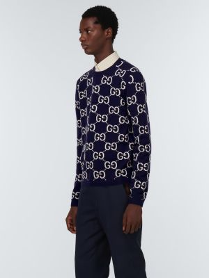 Žakardinis vilnonis megztinis Gucci mėlyna