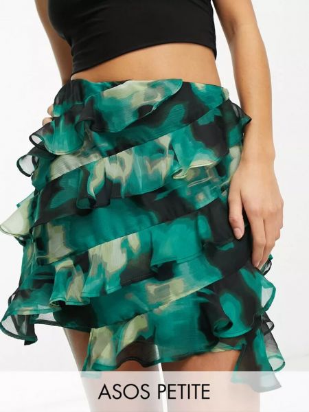 Шифоновая юбка мини с принтом с рюшами Asos зеленая