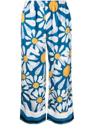 Укороченные шелковые брюки с принтом Marni, синие