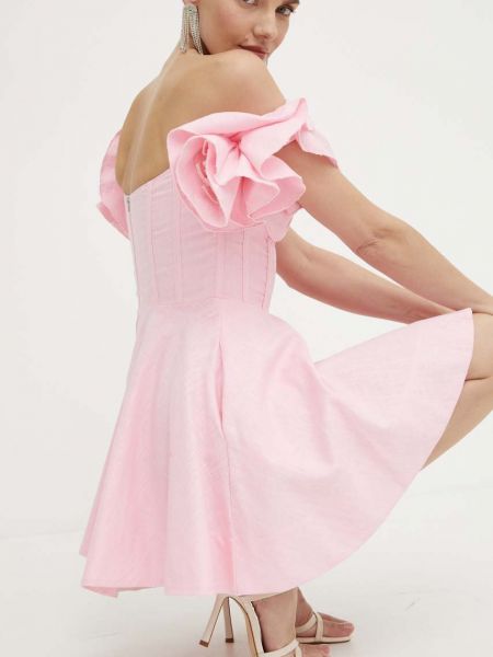 Lanena mini haljina Bardot ružičasta