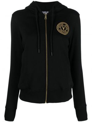 Pamučna hoodie s kapuljačom s vezom s patentnim zatvaračem Versace Jeans Couture crna