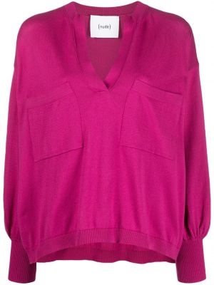 Pletený svetr s výstřihem do v Nude růžový
