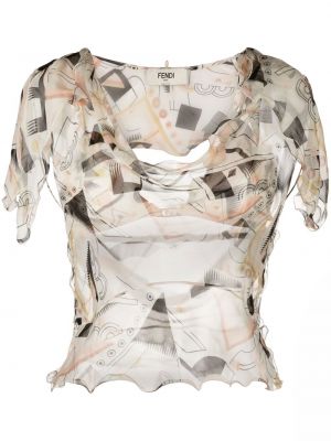 Jedwabna bluzka z nadrukiem w abstrakcyjne wzory Fendi beżowa