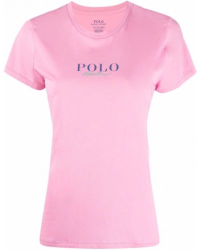 Camiseta de punto con estampado con escote v Polo Ralph Lauren rosa