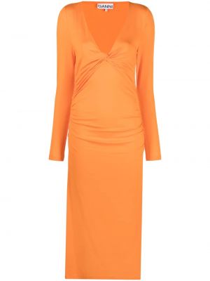 Макси рокля с v-образно деколте Ganni оранжево