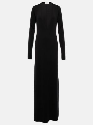 Vlněné dlouhé šaty s výstřihem do v Saint Laurent černé