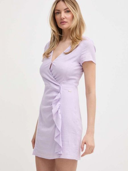 Lniana sukienka mini Armani Exchange fioletowa