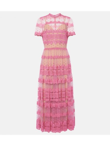 Midi haljina s vezom s čipkom Elie Saab ružičasta