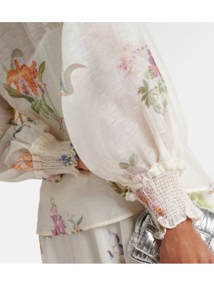 Svilena lanena bluza s cvjetnim printom Zimmermann bijela