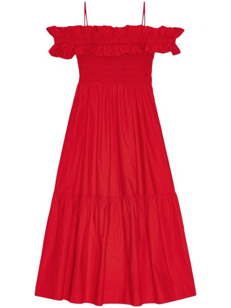 Midi haljina s volanima Ganni crvena
