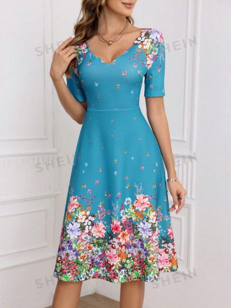 Платье миди в цветочек с принтом с v-образным вырезом Shein голубое