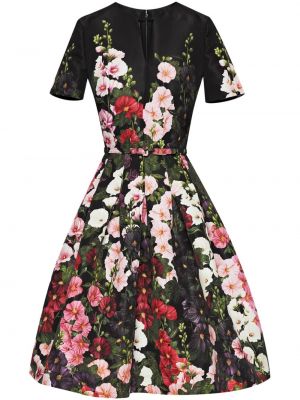 Коктейлна рокля на цветя с принт с v-образно деколте Oscar De La Renta черно
