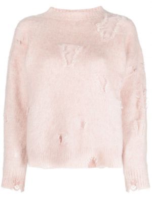 Пуловер с протрити краища с кръгло деколте R13 розово