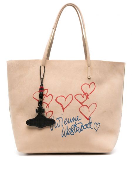 Kožená nákupná taška s potlačou Vivienne Westwood béžová