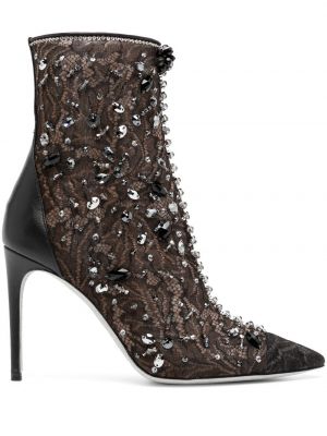 Ankle boots koronkowe z kryształkami Renè Caovilla czarne
