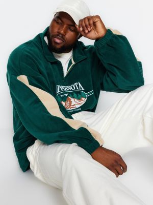 Siuvinėtas fliso džemperis su stovinčia apykakle oversize Trendyol žalia