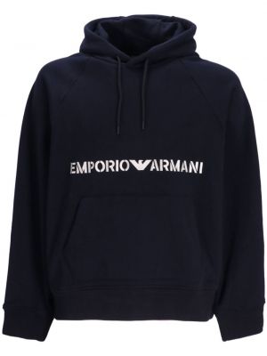 Pamučna hoodie s kapuljačom s vezom Emporio Armani plava