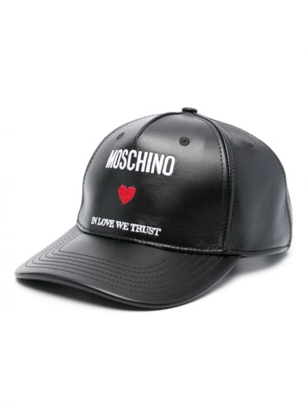 Haftowana czapka z daszkiem skórzana Moschino czarna