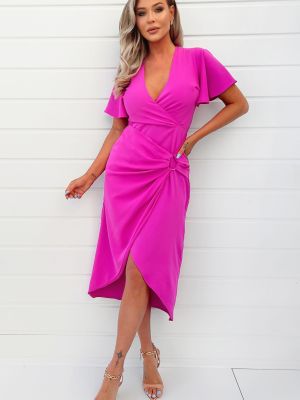 Розовое платье-миди с v-образным вырезом и запахом короткими рукавами и пряжкой AX Paris