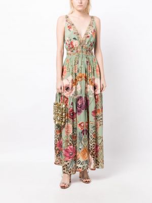 Květinové hedvábné šaty s potiskem Camilla zelené
