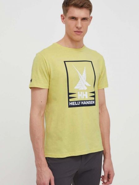 Koszulka bawełniana z nadrukiem Helly Hansen żółta