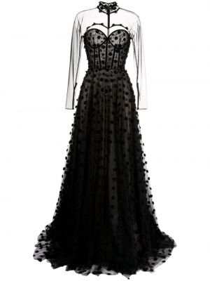 Tylové bodkované večerné šaty s korálky Saiid Kobeisy čierna