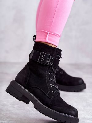 Semišové šnurovacie členkové topánky bez podpätku Kesi čierna