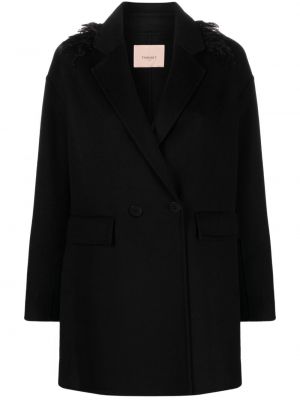 Vlnený kabát s perím Twinset čierna