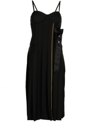 Plisované pruhované vlněné koktejlové šaty Sacai černé