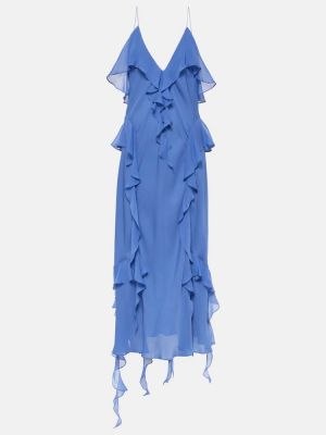 Копринена миди рокля с волани Khaite синьо