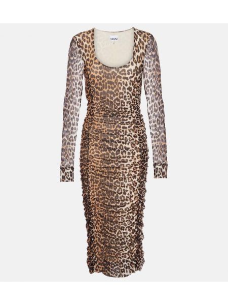 Mesh leopard trykt midi kjole Ganni brun