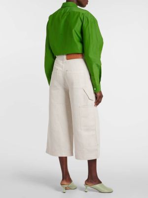 Памучни ленени широки панталони тип „марлен“ с висока талия Loewe бяло
