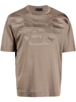 Bavlnené tričko s výšivkou s potlačou Emporio Armani - hnedá