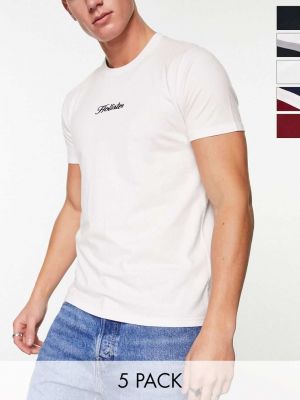 Набор из пяти однотонных футболок с логотипом и полосками на груди Hollister
