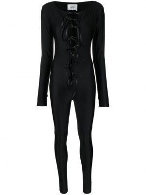 Mežģīņu satīna kombinezons ar šņorēm Atu Body Couture melns