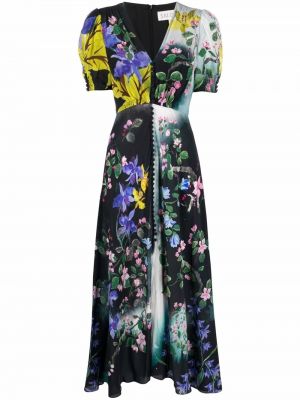 Květinové hedvábné mini šaty s výstřihem do v Saloni - černá