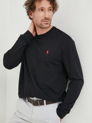 Pamučna polo majica jednobojna sa dugačkim rukavima Polo Ralph Lauren crna