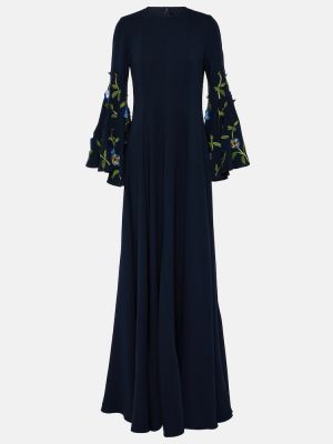Jedwabna haftowana sukienka długa Oscar De La Renta niebieska