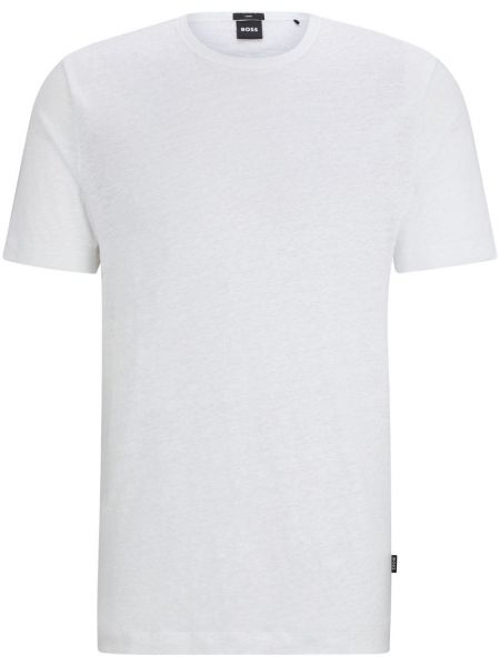 Λινή μπλούζα με στρογγυλή λαιμόκοψη Boss λευκό