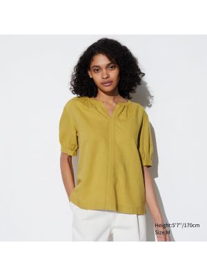 Льняная блузка с коротким рукавом Uniqlo желтая