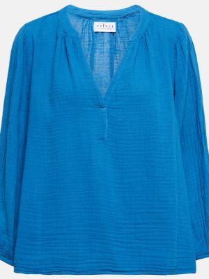 Памучна кадифена блуза Velvet синьо