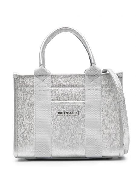 Kožna shopper torbica s printom Balenciaga srebrena