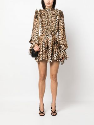Leopardí koktejlové šaty s potiskem s volány Roberto Cavalli černé